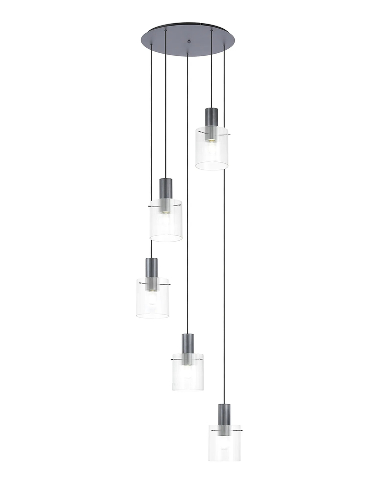 Idolite Snowdon 5 Light Cluster Pendant In Dark Grey With Clear Ribbed Glass Shades