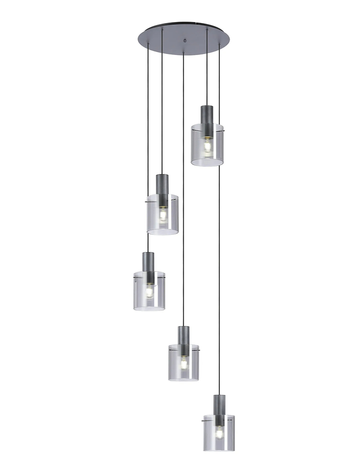 Idolite Snowdon 5 Light Cluster Pendant In Dark Grey With Smoke Ribbed Glass Shades