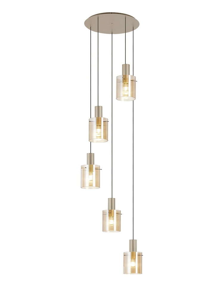 Idolite Snowdon 5 Light Cluster Pendant In Gold With Amber Ribbed Glass Shades