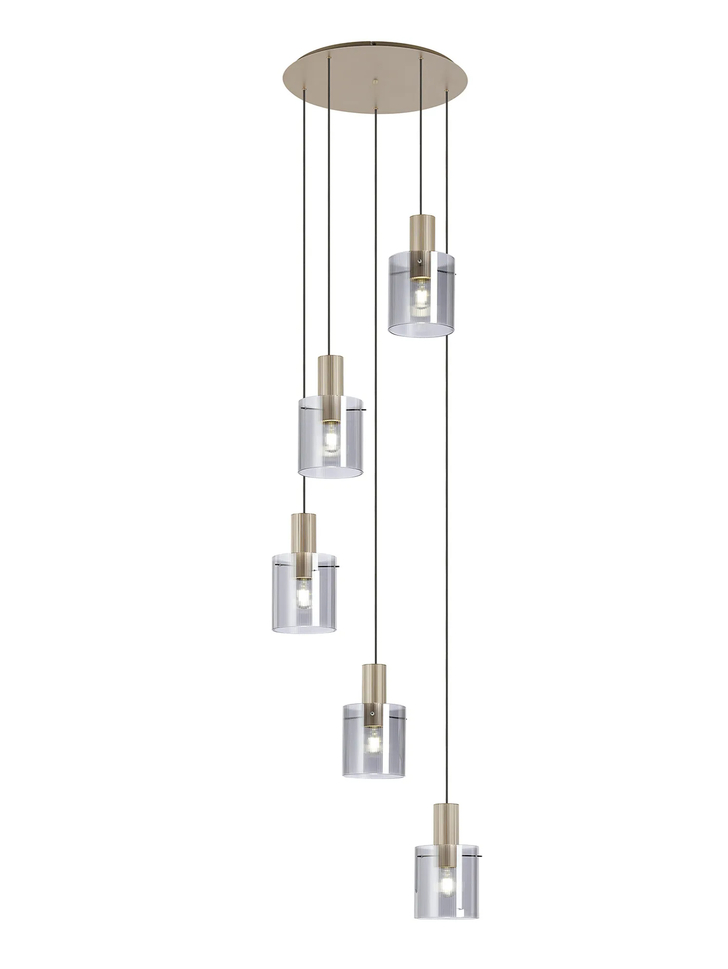 Idolite Snowdon 5 Light Cluster Pendant In Gold With Smoke Ribbed Glass Shades