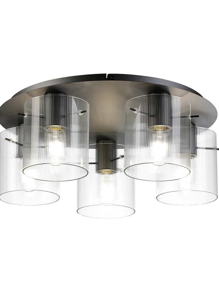 Idolite Snowdon 5 Light Flush Ceiling Light In Dark Grey With Clear Ribbed Glass Shades