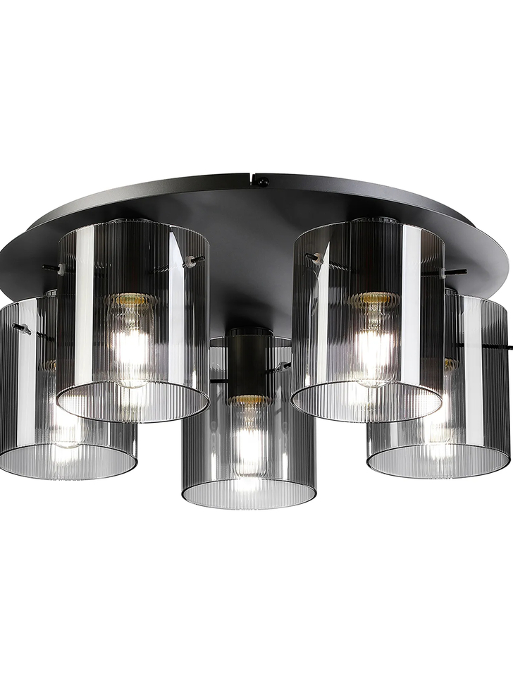 Idolite Snowdon 5 Light Flush Ceiling Light In Dark Grey With Smoke Ribbed Glass Shades