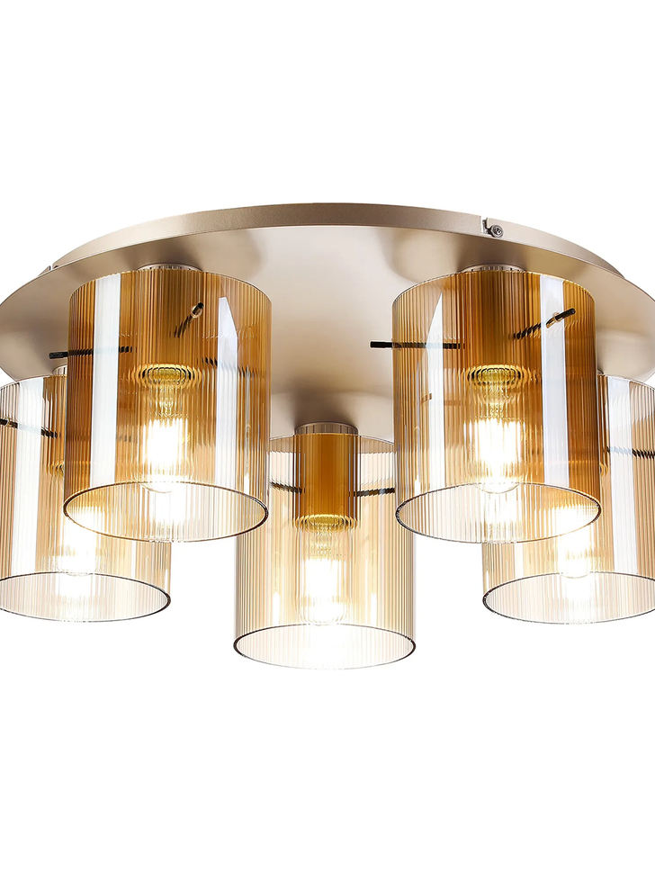 Idolite Snowdon 5 Light Flush Ceiling Light In Gold With Amber Ribbed Glass Shades