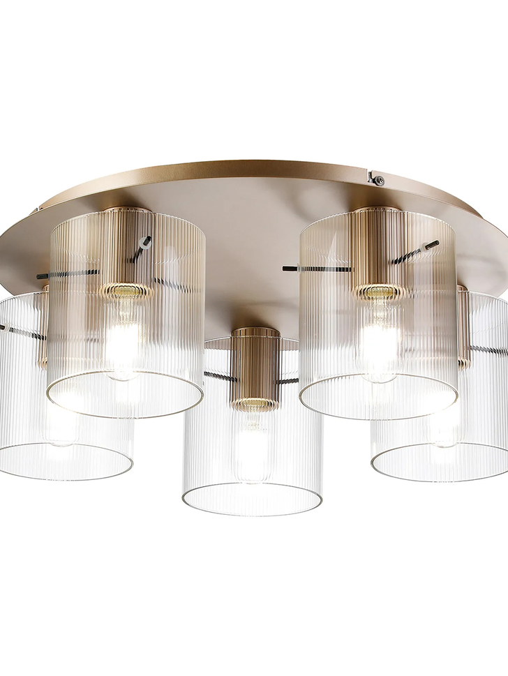 Idolite Snowdon 5 Light Flush Ceiling Light In Gold With Clear Ribbed Glass Shades