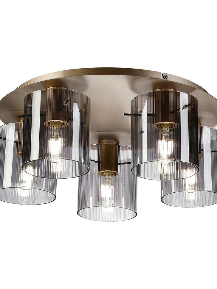 Idolite Snowdon 5 Light Flush Ceiling Light In Gold With Smoke Ribbed Glass Shades