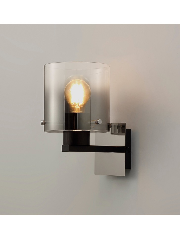 Idolite Snowdon Black/Polished Chrome Single Wall Light With Smoked/Clear Ombre Glass