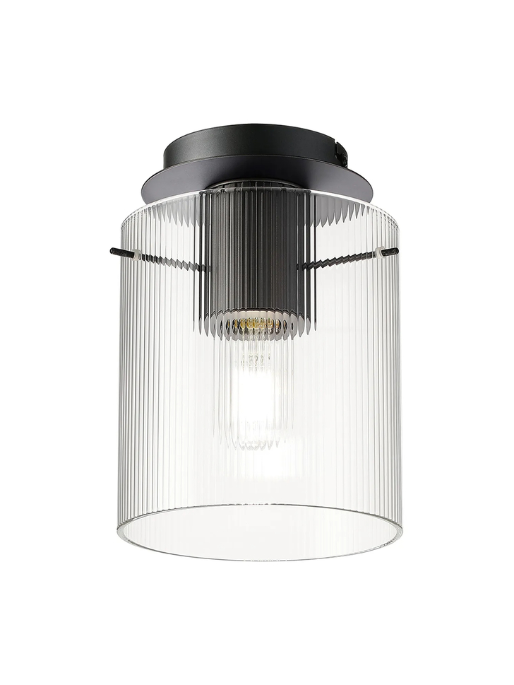 Idolite Snowdon Single Flush Ceiling Light In Dark Grey With Clear Ribbed Glass Shade