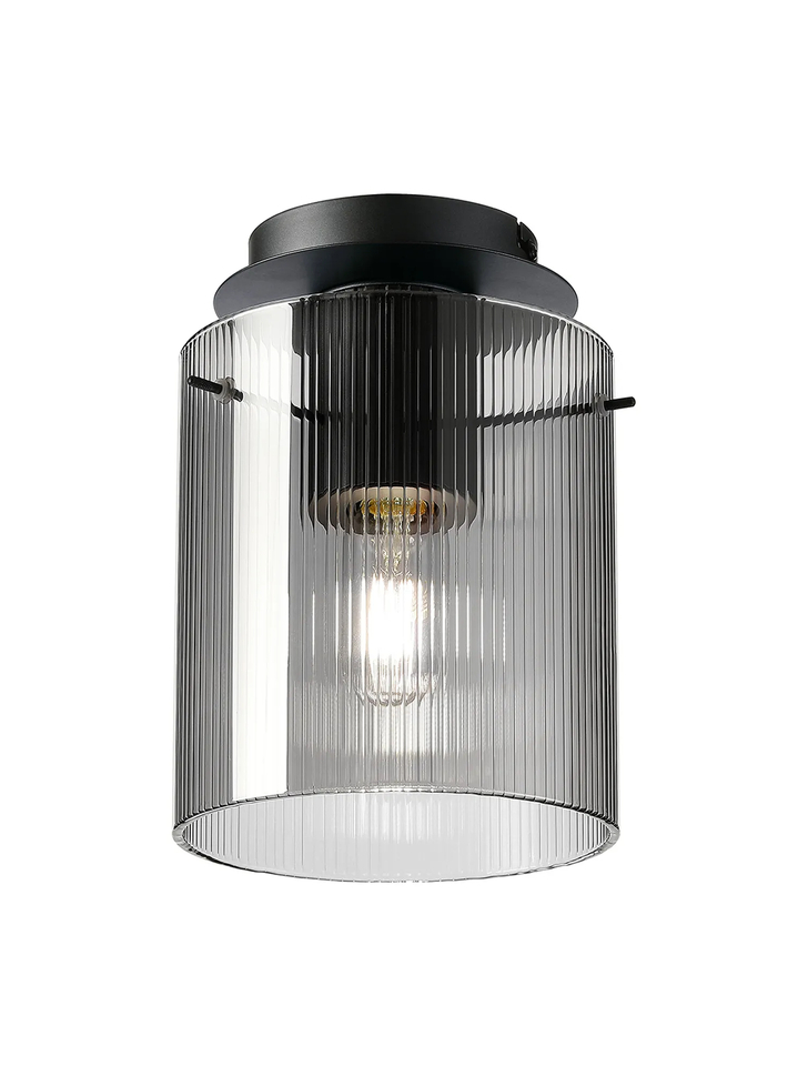 Idolite Snowdon Single Flush Ceiling Light In Dark Grey With Smoke Ribbed Glass Shade