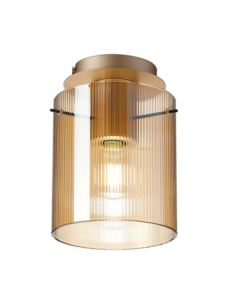 Idolite Snowdon Single Flush Ceiling Light In Gold With Amber Ribbed Glass Shade