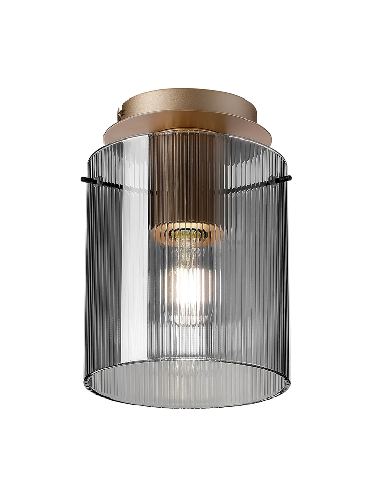 Idolite Snowdon Single Flush Ceiling Light In Gold With Smoke Ribbed Glass Shade