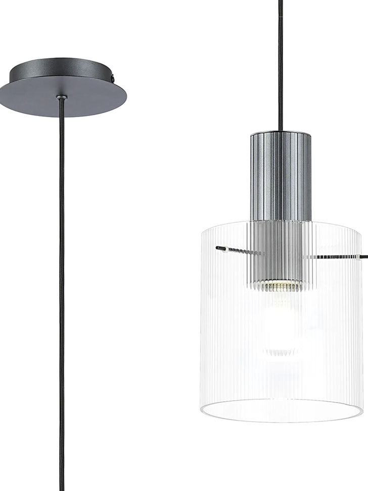 Idolite Snowdon Single Pendant Light In Dark Grey With Clear Ribbed Glass Shade