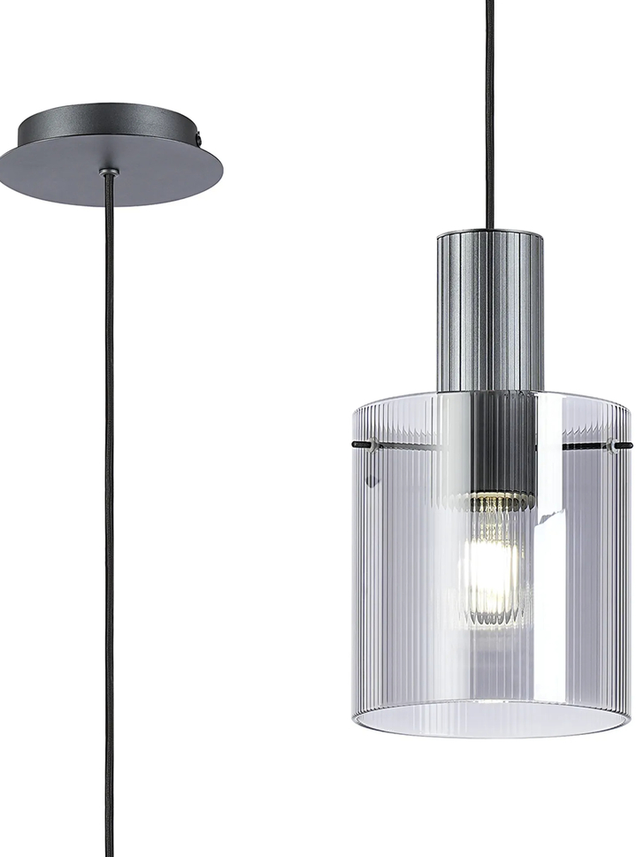 Idolite Snowdon Single Pendant Light In Dark Grey With Smoke Ribbed Glass Shade