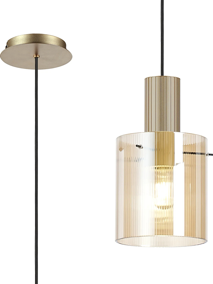 Idolite Snowdon Single Pendant Light In Gold With Amber Ribbed Glass Shade