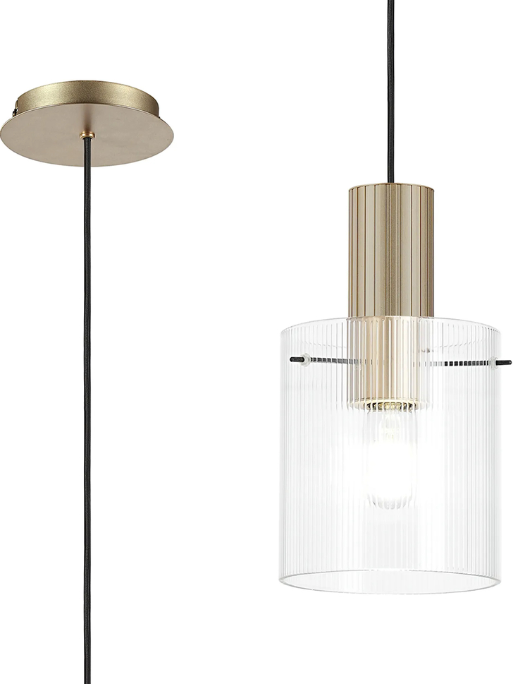 Idolite Snowdon Single Pendant Light In Gold With Clear Ribbed Glass Shade