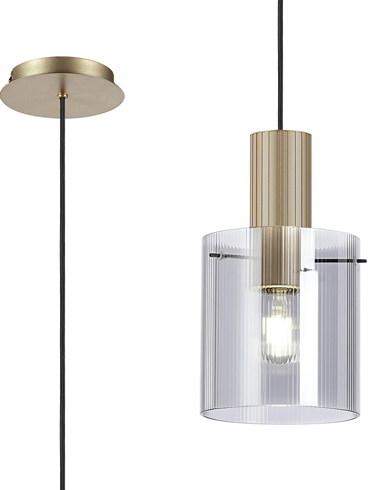 Idolite Snowdon Single Pendant Light In Gold With Smoke Ribbed Glass Shade