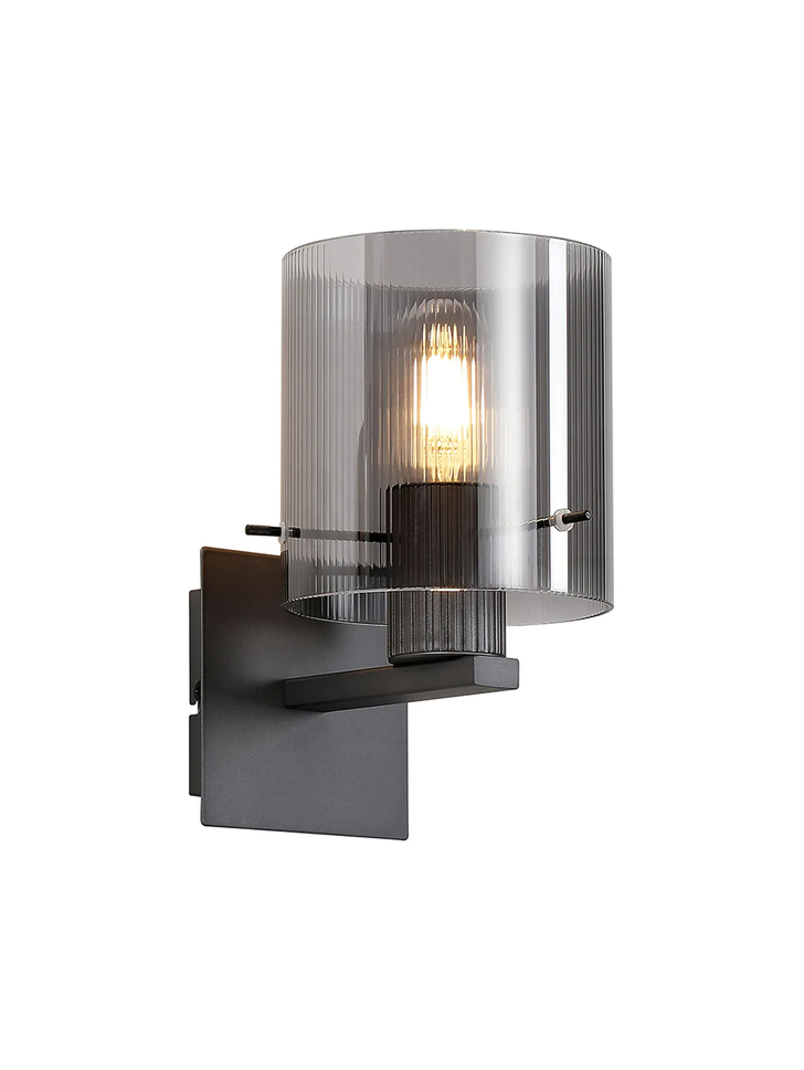 Idolite Snowdon Single Wall Light In Dark Grey With Smoke Ribbed Glass Shade