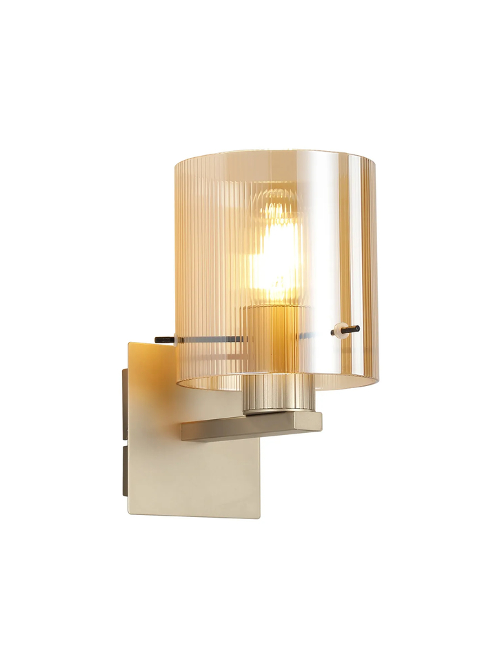 Idolite Snowdon Single Wall Light In Gold With Amber Ribbed Glass Shade