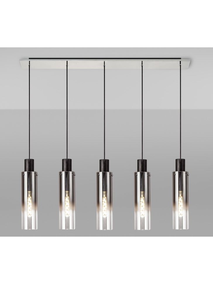 Idolite Snowdon Slim Black/Polished Chrome 5 Light Linear Bar Pendant With Smoked/Clear Ombre Glasses