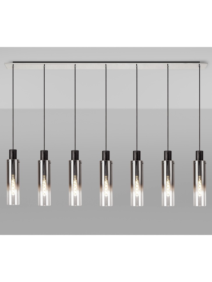 Idolite Snowdon Slim Black/Polished Chrome 7 Light Linear Bar Pendant With Smoked/Clear Ombre Glass Shades