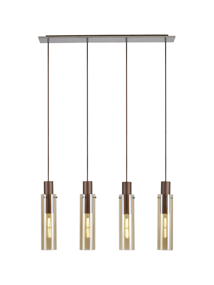 Idolite Snowdon Slim Mocha 4 Light Linear Bar Pendant Complete With Amber Glass Shades