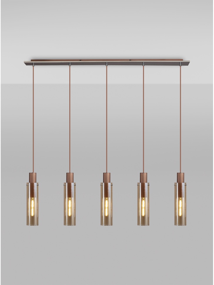 Idolite Snowdon Slim Mocha 5 Light Linear Bar Pendant Complete With Amber Glass Shades