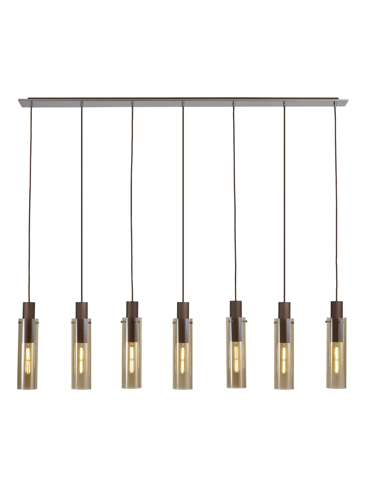 Idolite Snowdon Slim Mocha 7 Light Linear Bar Pendant Complete With Amber Glass Shades