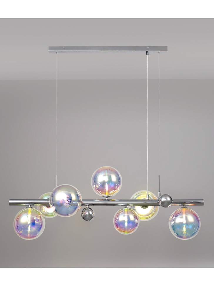 Idolite Stockwell Polished Chrome 7 Light Linear Bar Pendant C/W Iridescent Glass Globes