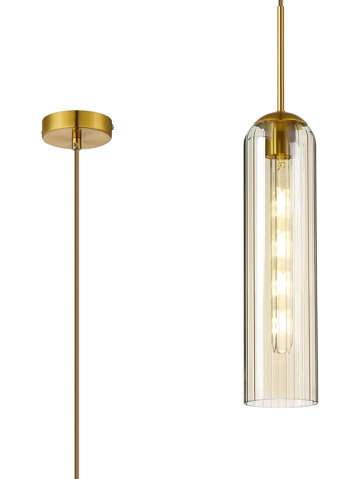 Idolite Var Gold Linear Single Pendant Light Complete With A Cognac Cylindrical Ribbed Glass