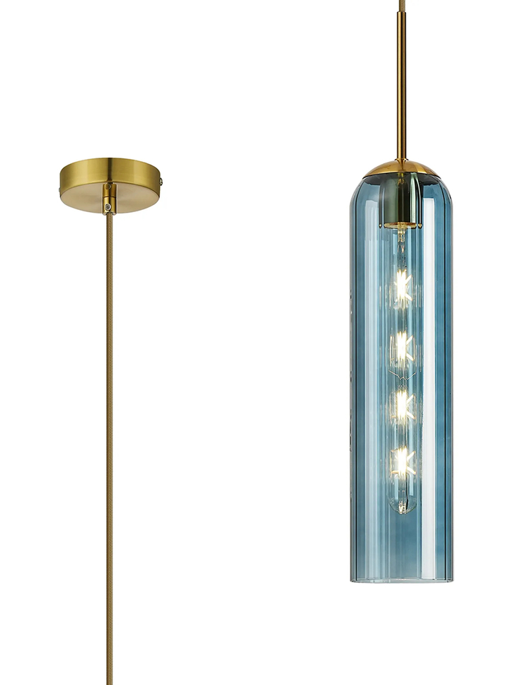 Idolite Var Gold Long Linear Single Pendant Light Complete With A Blue Cylindrical Ribbed Glass