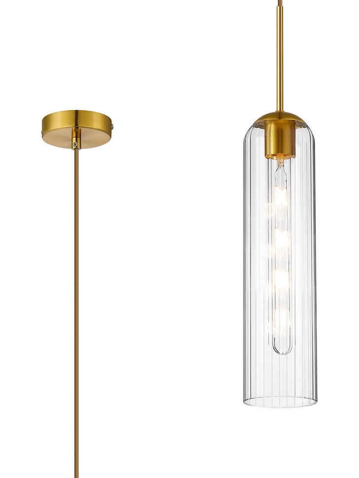 Idolite Var Gold Long Linear Single Pendant Light Complete With A Clear Cylindrical Ribbed Glass