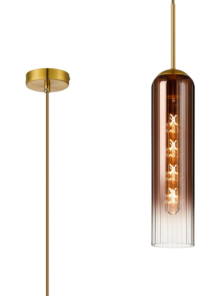 Idolite Var Gold Long Linear Single Pendant Light Complete With A Copper Fade Cylindrical Ribbed Glass