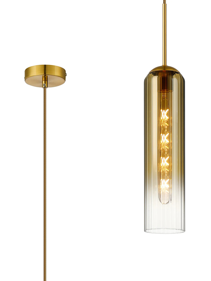 Idolite Var Gold Long Linear Single Pendant Light Complete With A Gold Fade Cylindrical Ribbed Glass