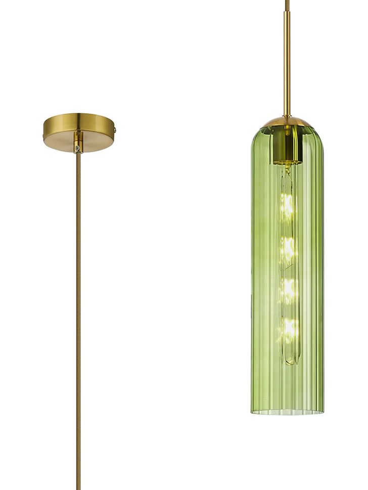 Idolite Var Gold Long Linear Single Pendant Light Complete With A Green Cylindrical Ribbed Glass