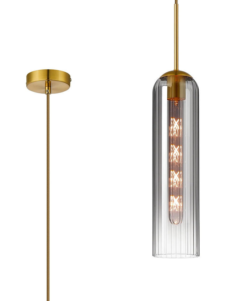 Idolite Var Gold Long Linear Single Pendant Light Complete With A Smoke Fade Cylindrical Ribbed Glass