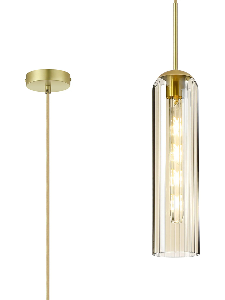 Idolite Var Satin Gold Linear Single Pendant Light Complete With A Cognac Cylindrical Ribbed Glass