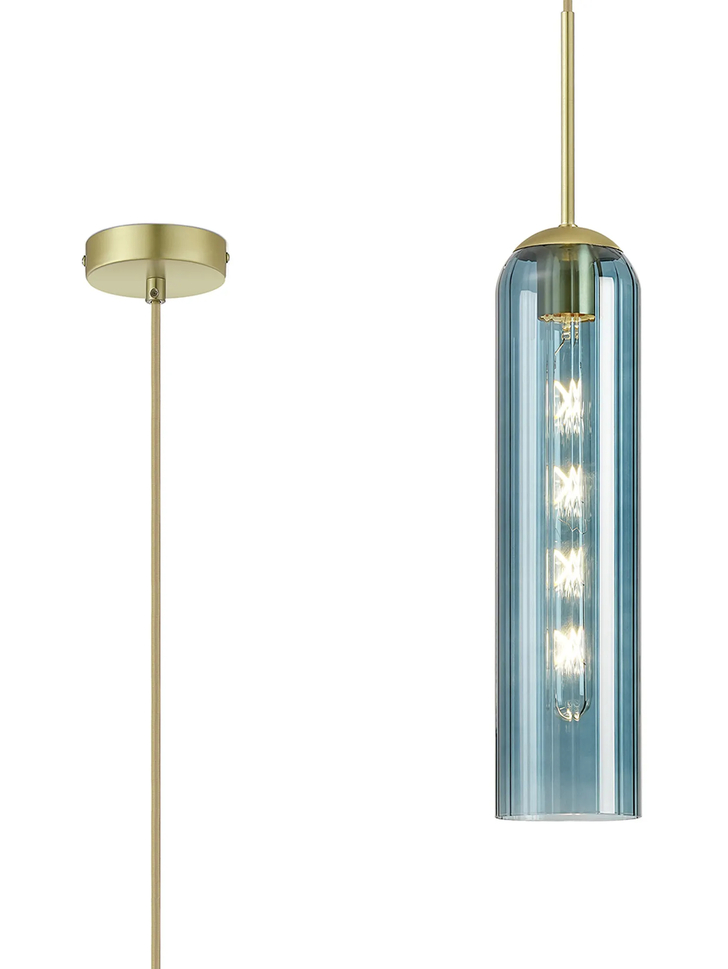 Idolite Var Satin Gold Long Linear Single Pendant Light Complete With A Blue Cylindrical Ribbed Glass