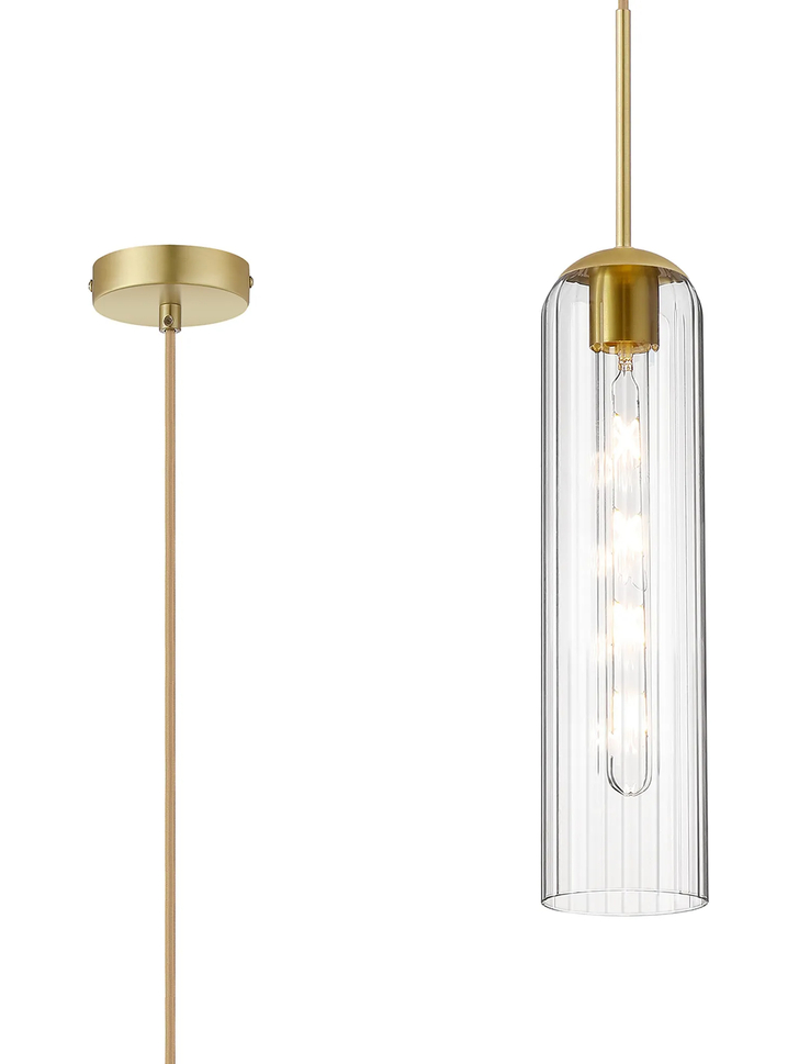 Idolite Var Satin Gold Long Linear Single Pendant Light Complete With A Clear Cylindrical Ribbed Glass