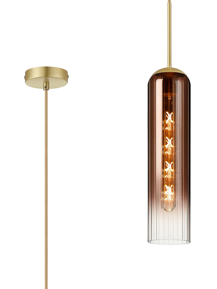 Idolite Var Satin Gold Long Linear Single Pendant Light Complete With A Copper Fade Cylindrical Ribbed Glass