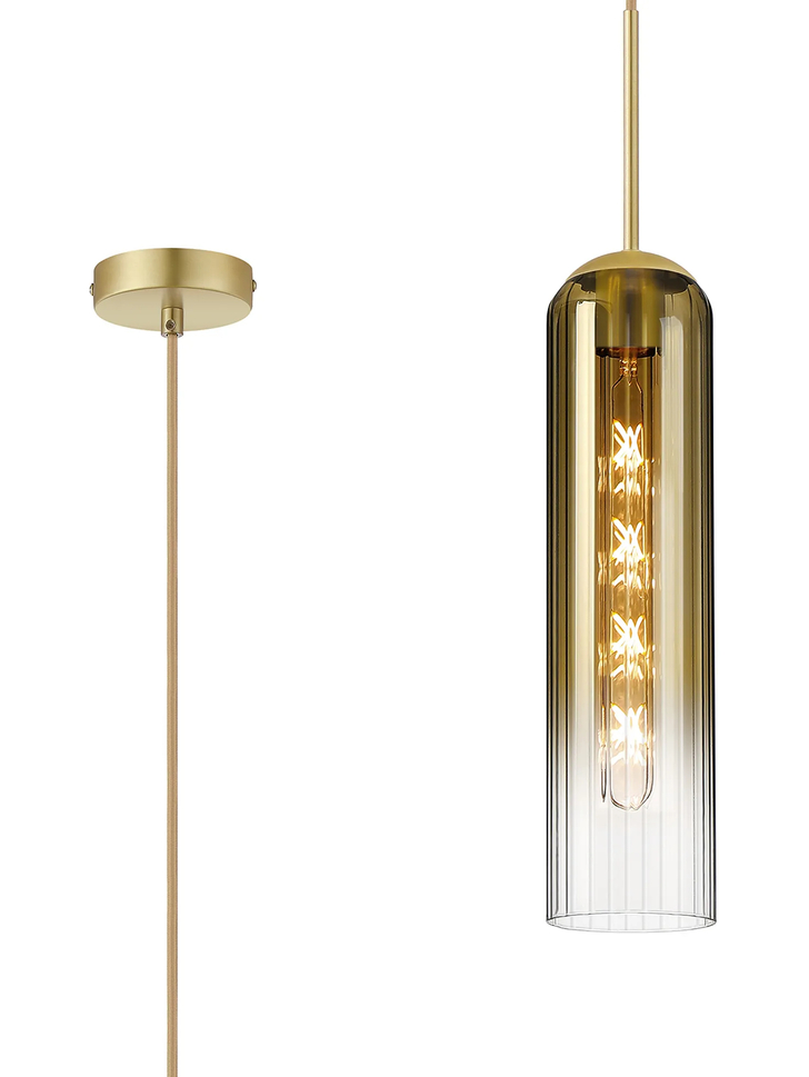 Idolite Var Satin Gold Long Linear Single Pendant Light Complete With A Gold Fade Cylindrical Ribbed Glass