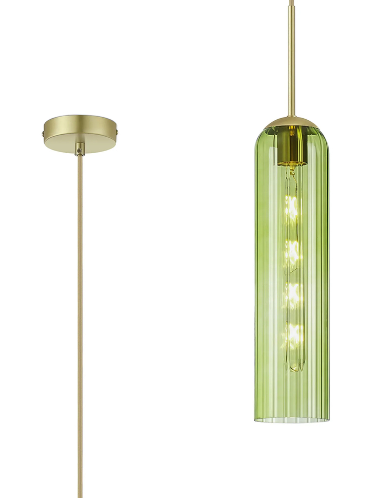 Idolite Var Satin Gold Long Linear Single Pendant Light Complete With A Green Cylindrical Ribbed Glass