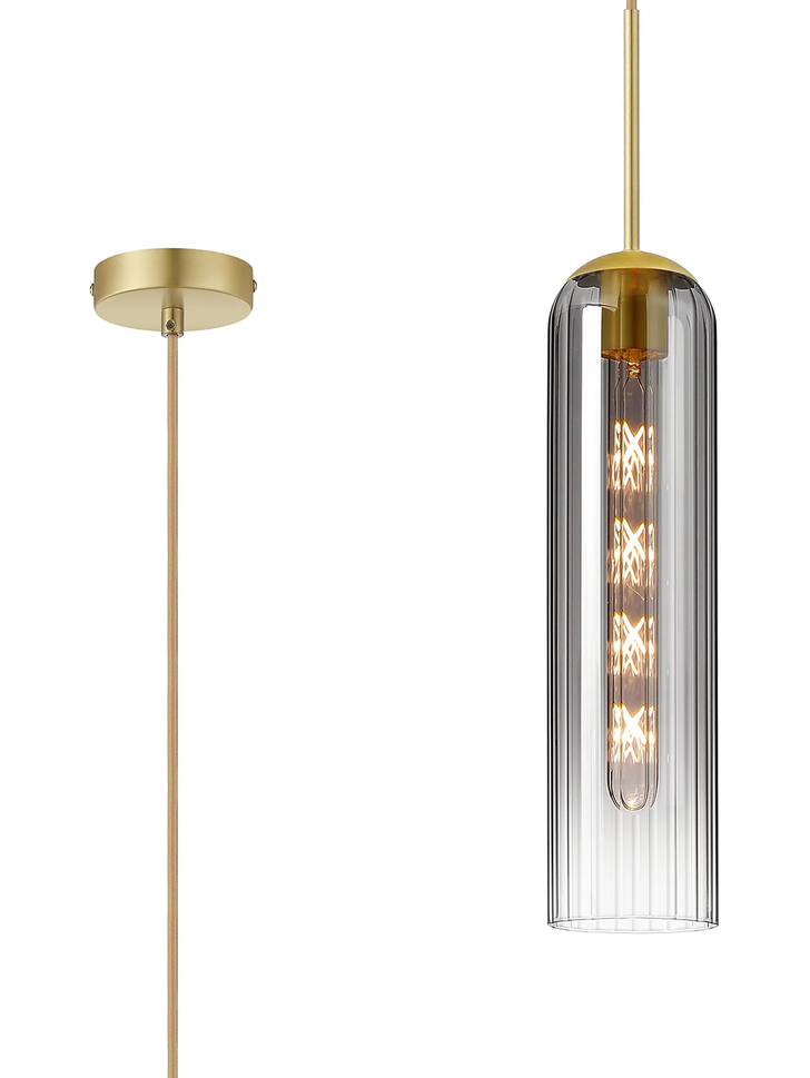 Idolite Var Satin Gold Long Linear Single Pendant Light Complete With A Smoke Fade Cylindrical Ribbed Glass