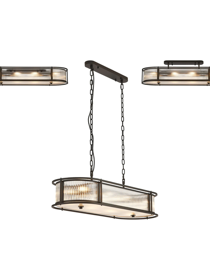 Idolite Waine 1m 8 Light Linear Oval Bar Flush Ceiling/Pendant Convertible Black/Clear Glass