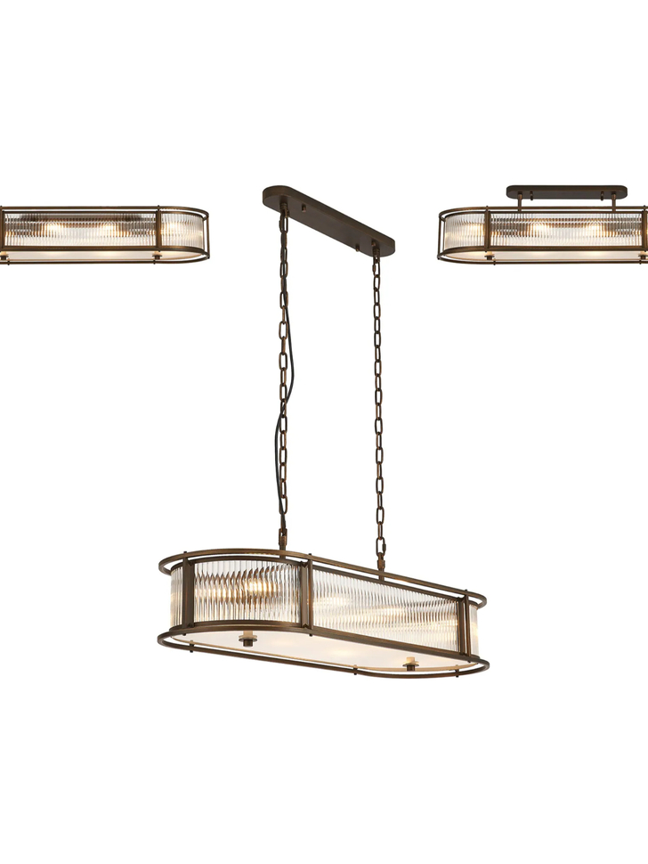 Idolite Waine 1m 8 Light Linear Oval Bar Flush Ceiling/Pendant Convertible Bronze/Clear Glass