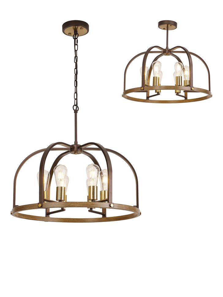 Idolite Zala Antique Bronze 6 Light Pendant Light Complete With Wood Effect Detailing