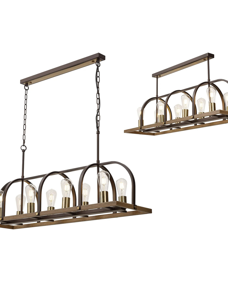 Idolite Zala Antique Bronze 8 Light Linear Island Pendant Light Complete With Wood Detailing