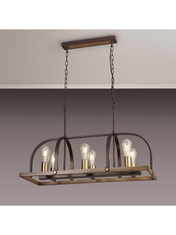 Idolite Zala Brown Oxide 6 Light Linear Bar Pendant With Antique Bronze & Wood Detailing