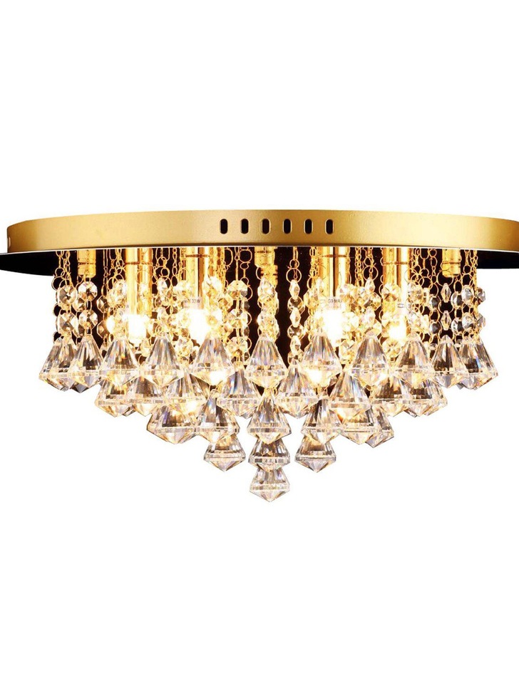 Isabella Medium Gold 6 Light Flush Crystal Ceiling Light With Hexagonal Droppers