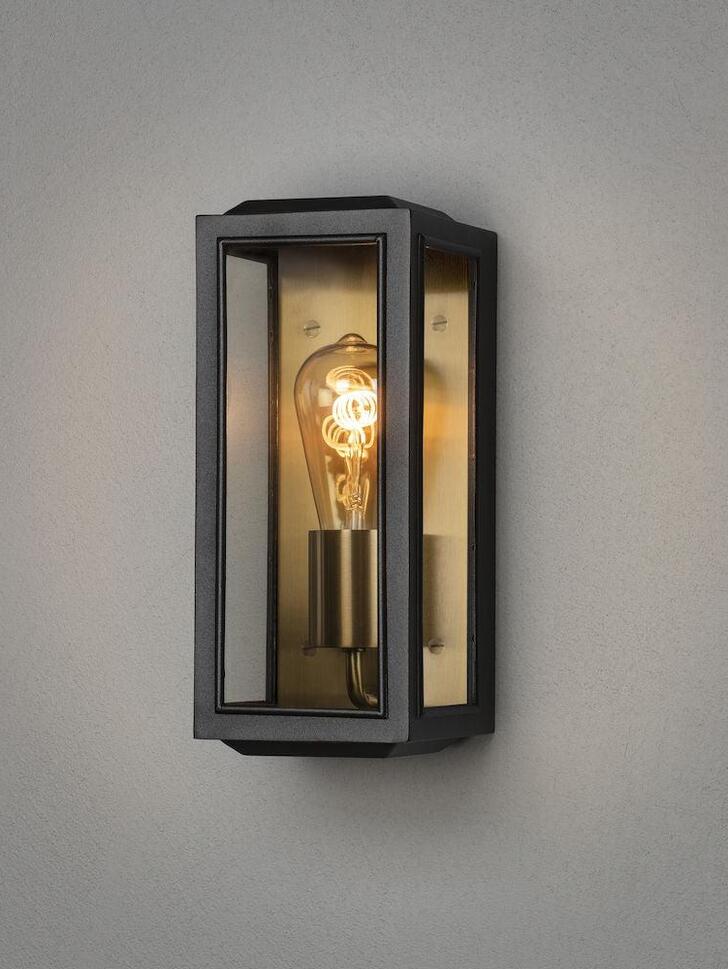 Konstsmide Carpi 7348 Matt Black & Brass Exterior Wall Light With Clear Glass Panels