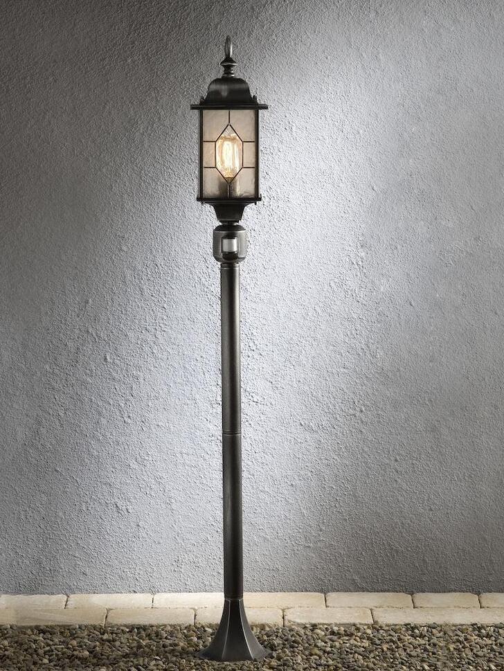 Konstsmide Milano Black Large Exterior Post Lamp Complete With Leaded Effect Acrylic Glass And Built In PIR