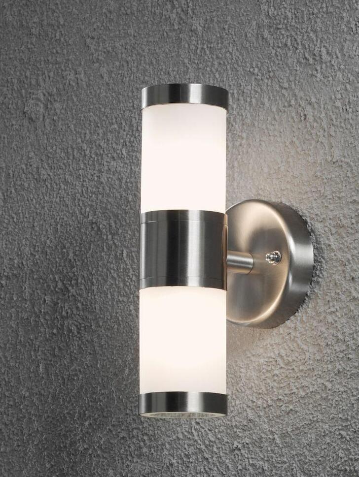 Konstsmide Modena Stainless Steel Exterior Up And Down Wall Light Complete With Opal Glass Lenses